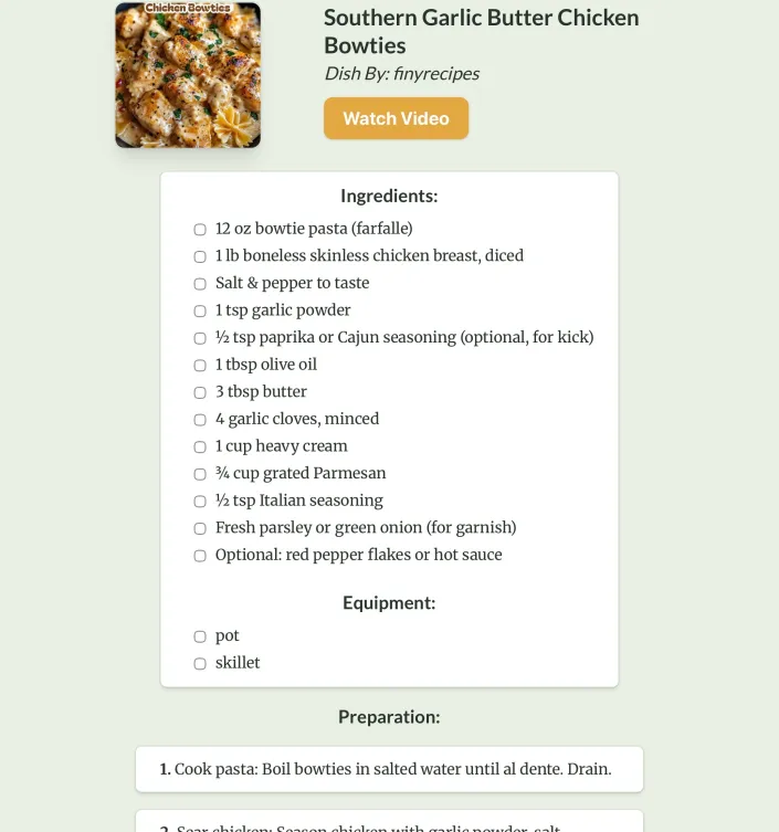 CookBuddy written recipe for garlic butter chicken